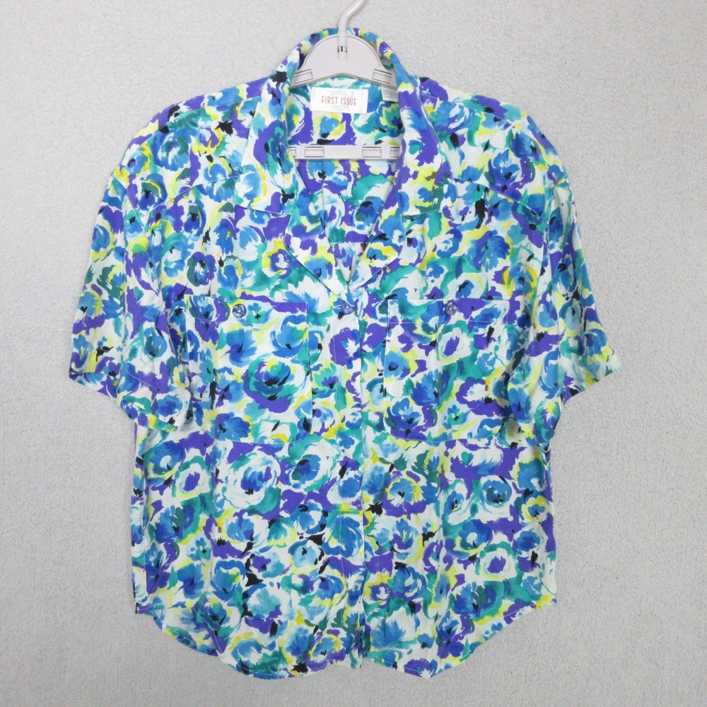 First Issue Women's 100%‎ Silk Blouse Top Button Up Short Sleeve Floral Size 8